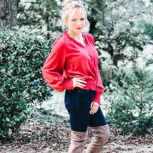 V Neck Long Sleeve Ruffle Hem Casual Blouse Size S